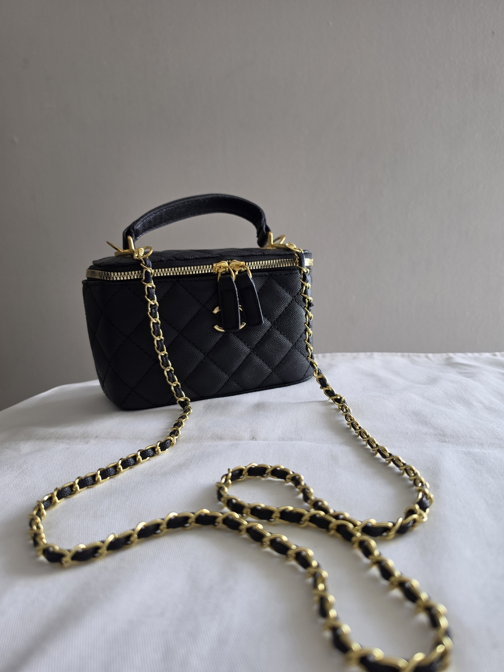 Black Quilted Mini Vanity Bag with Gold Chain Strap